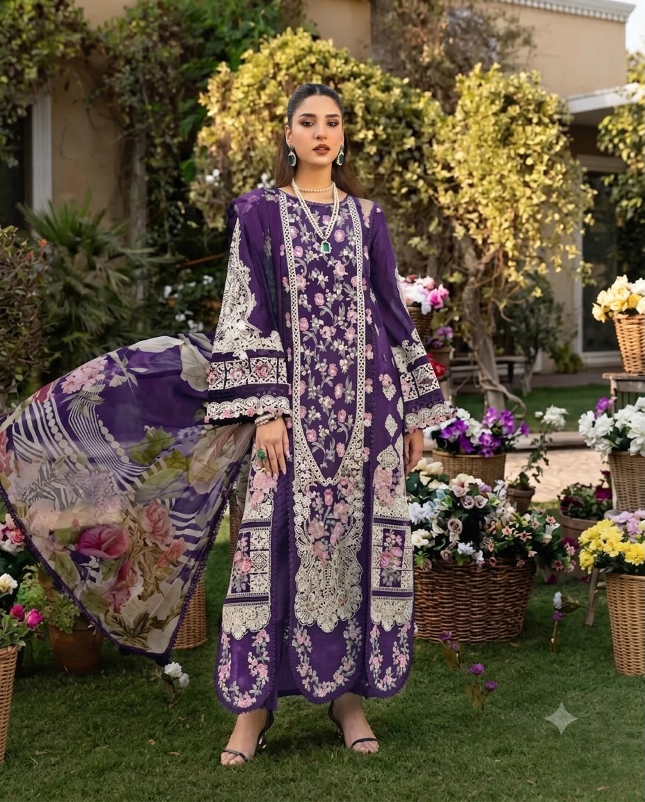 Elegant Violet Floral Lawn Ensemble